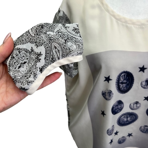 Maison Scotch Beige Black Graphic Top 3/4 Sleeves Size S - Picture 7 of 10